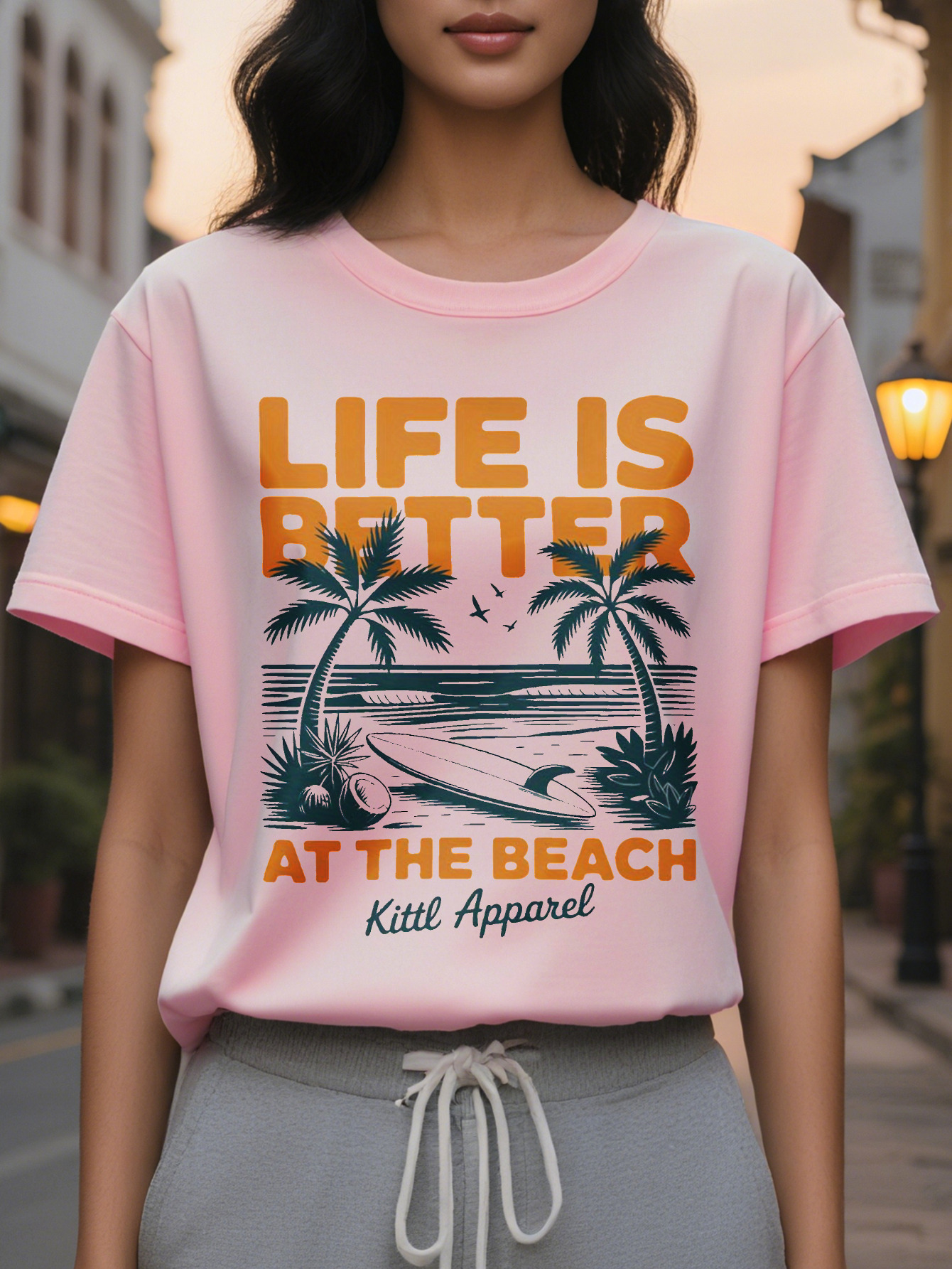 Ladies White T-Shirt Beach Theme Pattern Jacket Printed with Better Life at the Sea Round Neck Soft Summer Casual