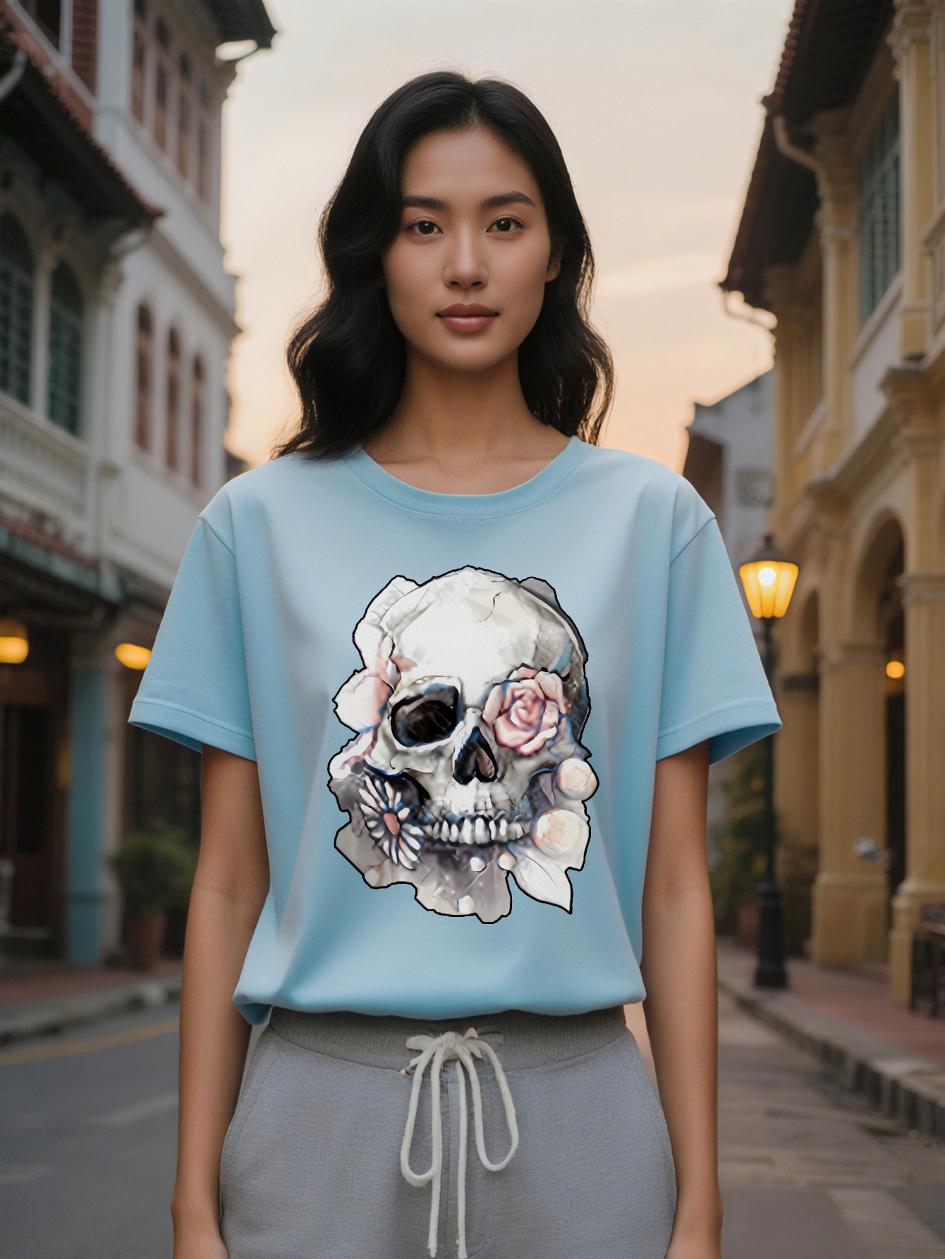 Casual Crew Neck T-Shirt with Intricate Floral Skull Print Soft Pure Cotton Short Sleeve Black Perfect Gift for