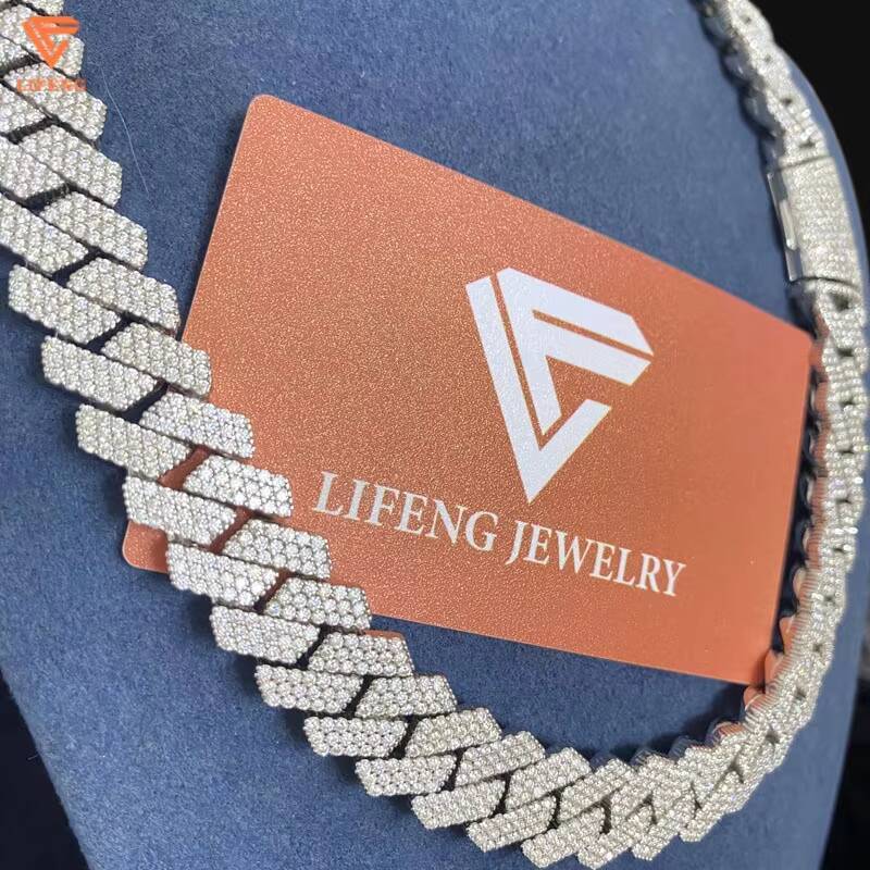 Lifeng Jewelrys 14MM Cuban Link Chains Iced Out Hip Hop Moissanite Necklace 925 Silver Diamond Main Stone White Gold Parties