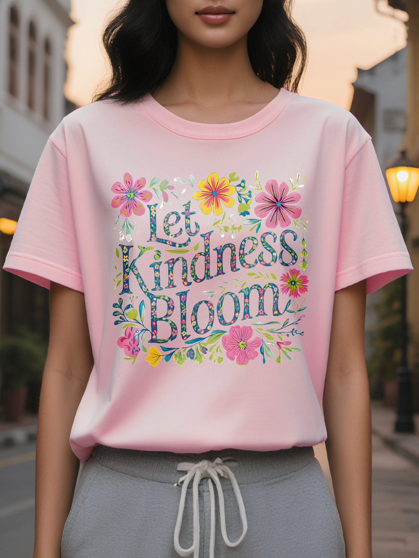 100% Cotton Women's Casual Crew Neck T-Shirt Let Kindness Bloom Print Regular Length All Season Fashion Top