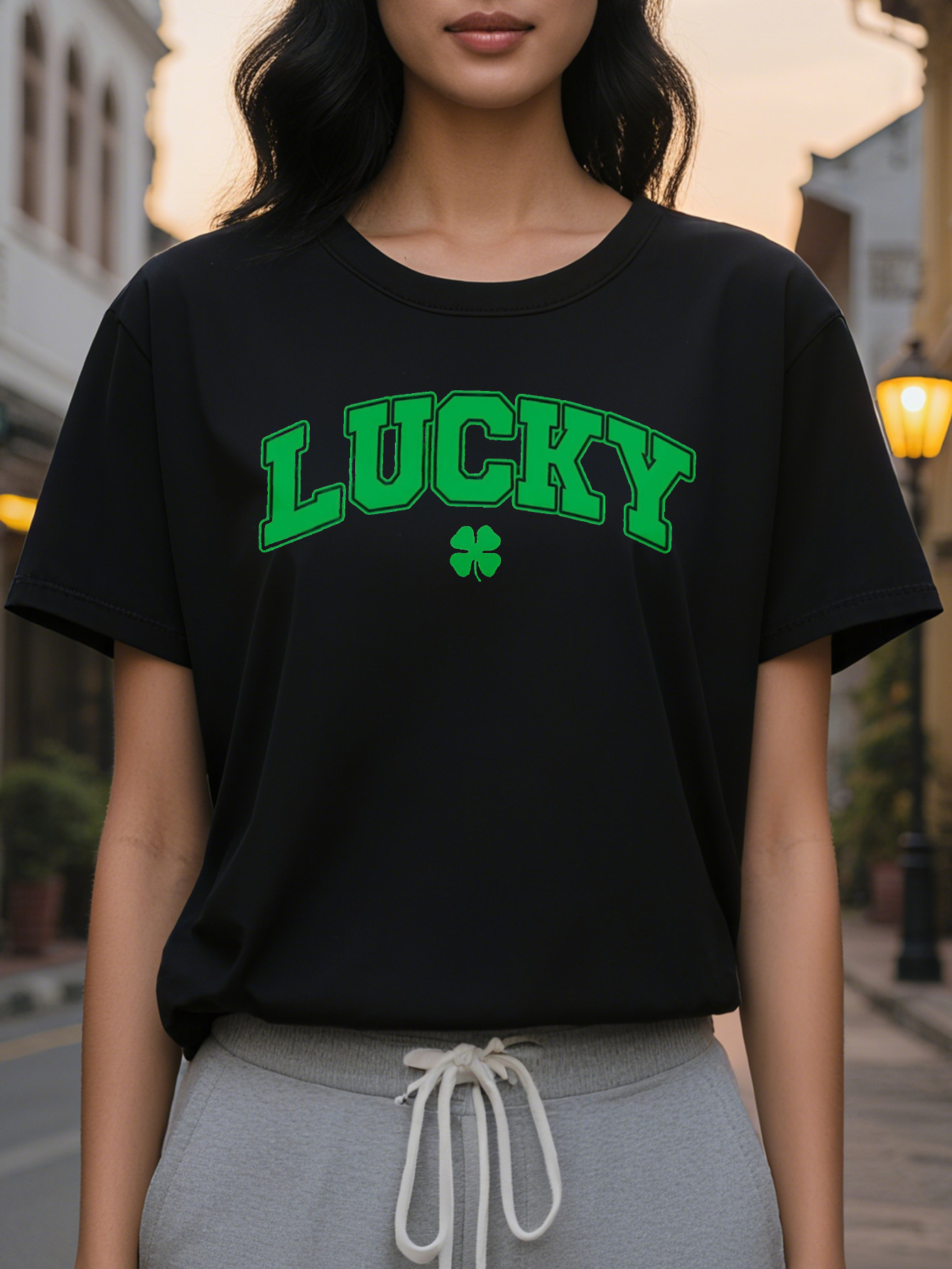 Women's Lucky Four Leaf Clover Print T-Shirt St. Patrick's Day Casual Crewneck Top Cotton Knitted Fabric