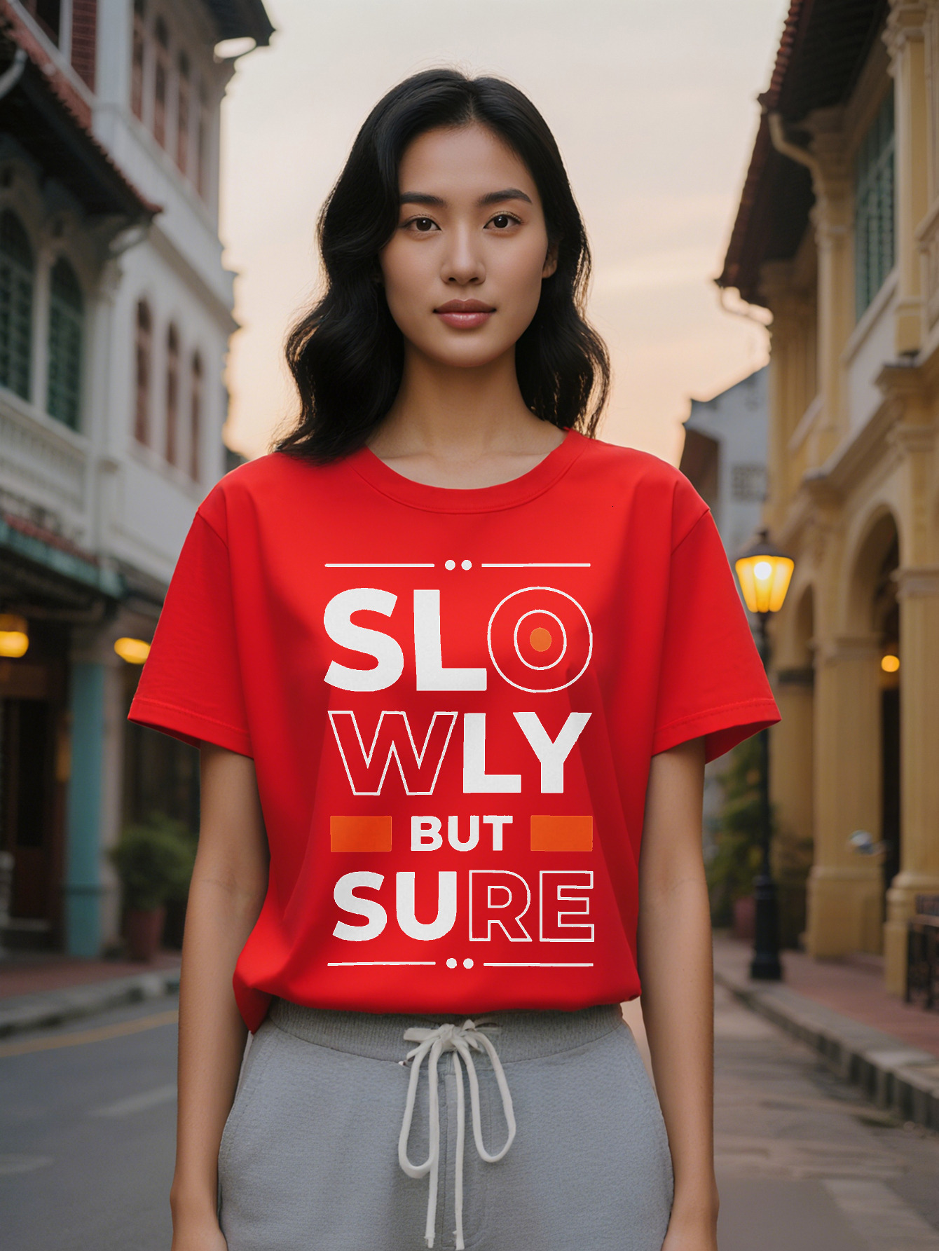 Large XL Lady Graphic T-Shirt Slowly But Sure Bold Letter Print with Red Circle Design Black Round Neck Summer Tee Regular Plus Size