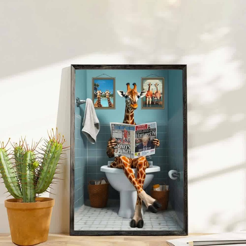 2025 Funny Giraffe Reading Newspaper in Toilet Canvas Poster - Frameless Home, Office and Cafe Decorative Wall Art