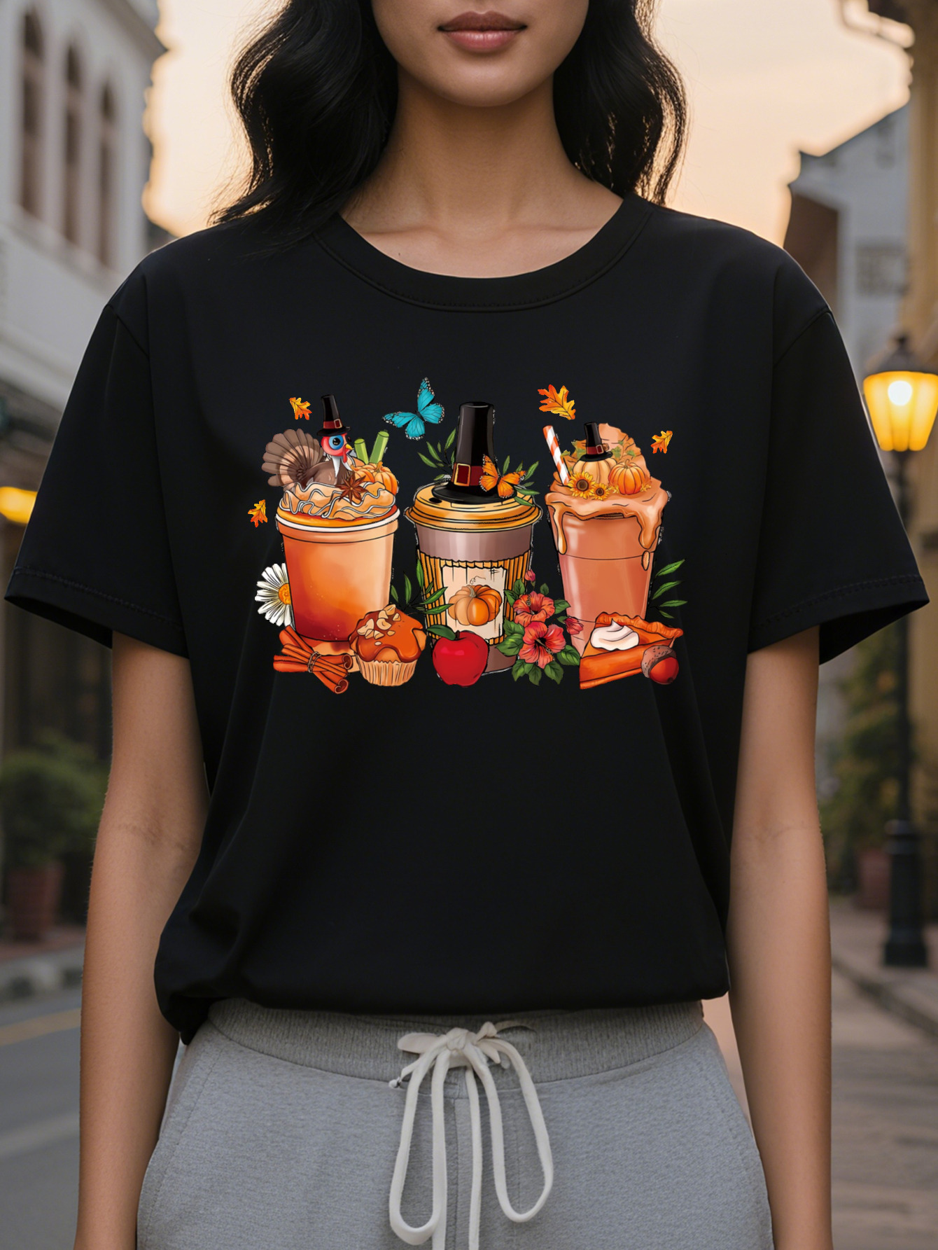 Large XL Women's White Thanksgiving Coffee Print T-Shirt Autumn Harvest Graphic with Pumpkins Leaves Turkey Design Plus Size
