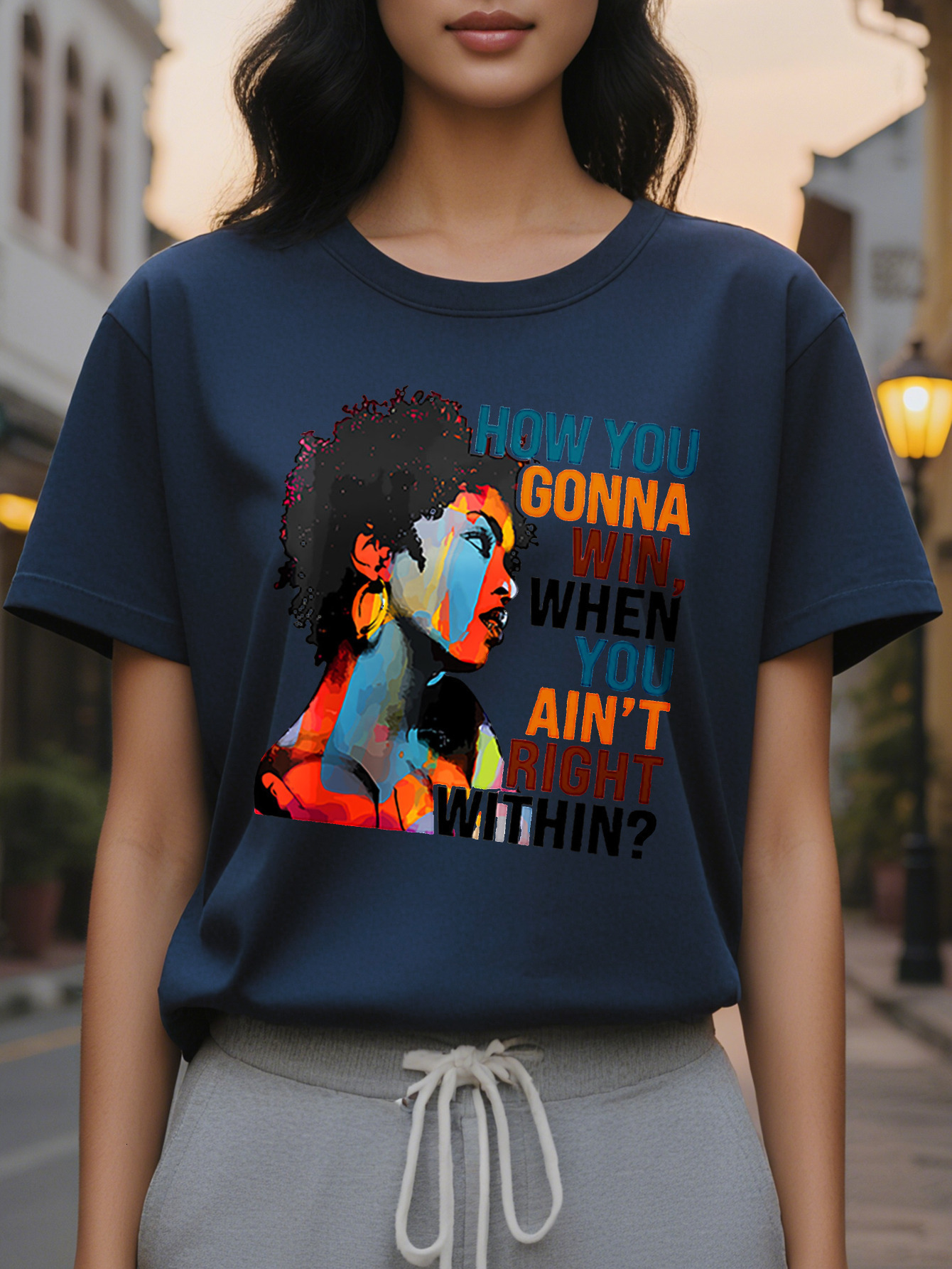 Large XL Women's Casual T-Shirt with Afro American Graffiti Portrait Print Cotton Knit Fabric Round Neck Regular Fit for Plus Size