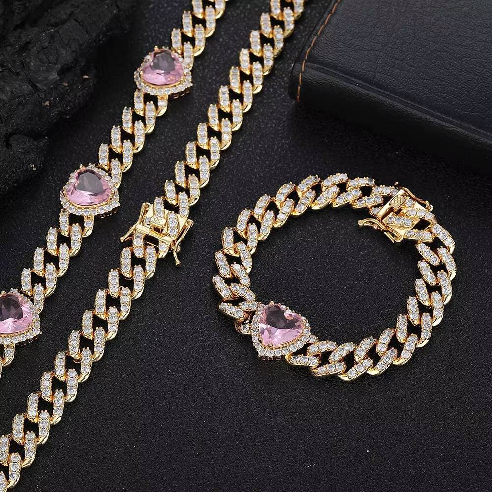NUOYA 10mm Single Row Cuban Chain Bracelet Iced Out Pink Heart Moissanite Stone Silver Plated Prong Cuban Link Chain Gift for Women