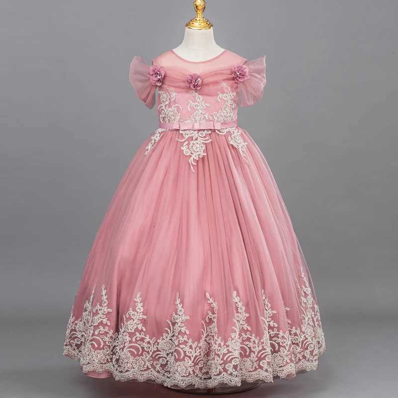 A96 Childrens Dress Girls Princess Sequin Bubble Sleeve Long Mesh Flower Girl Wedding Gown Z250904