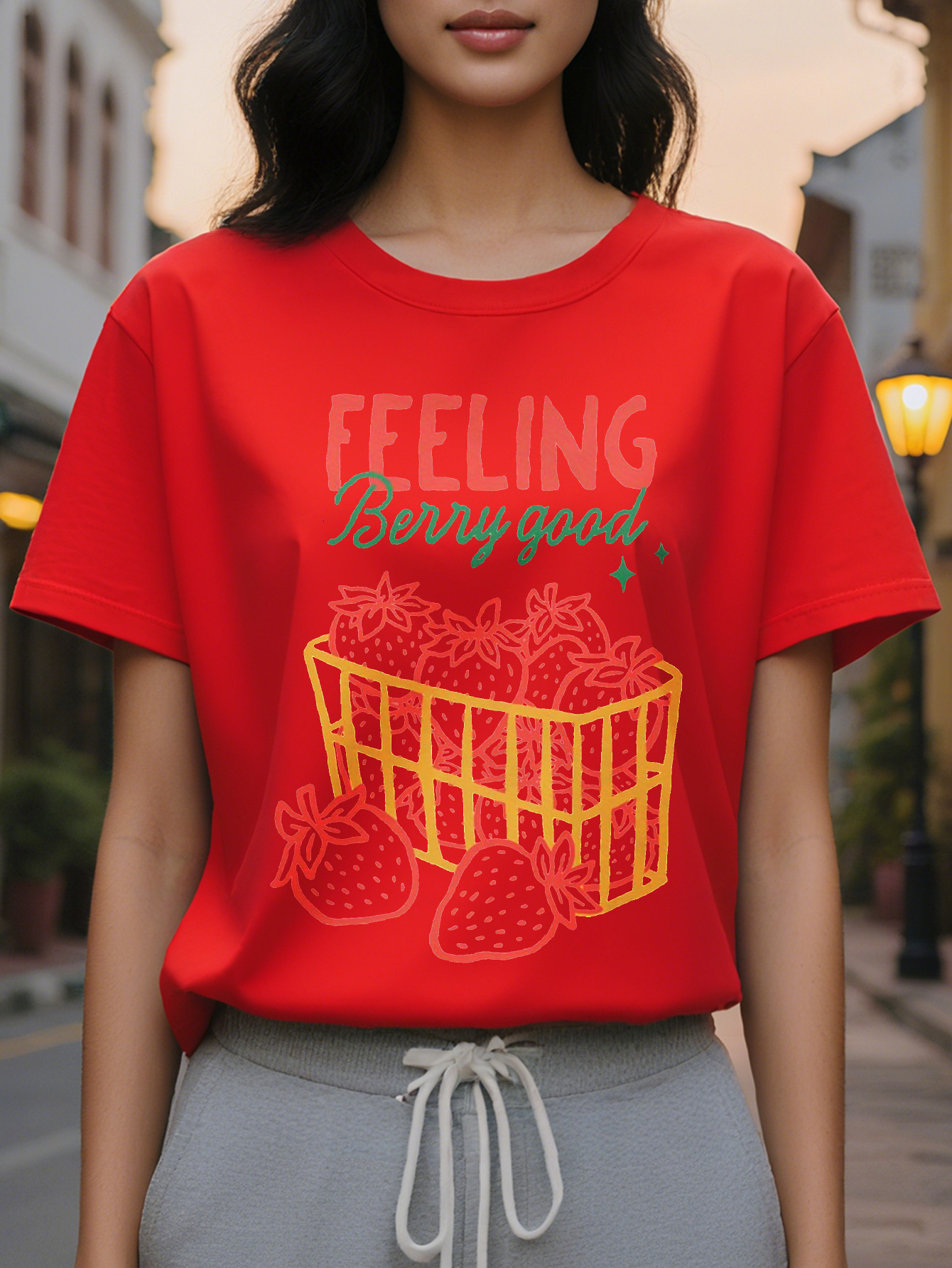 Women's Feel Great White with Red Strawberry Design Short Sleeve Round Neck T-Shirt Casual Summer Wear