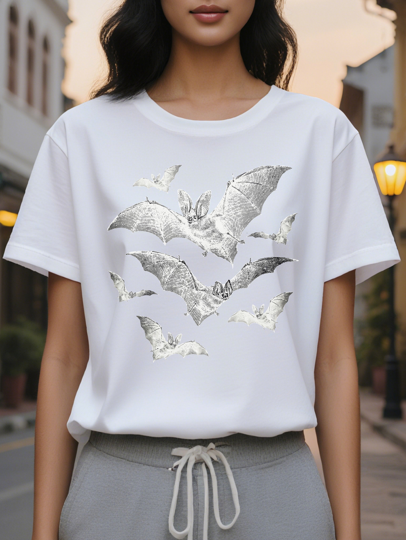 Large XL Vibrant Bat Print Crew Neck T-Shirt Women's Casual Short Sleeve Tees Spring Summer Comfortable Relaxed Fit Soft Plus Size