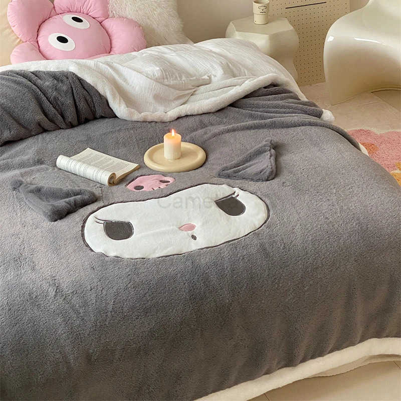 Sanrio Hello Kitty Rabbit Plush Blanket Kuromi melody DoubleSided Thickened Flannel Cover Blanket Office sofa Warm nap blanket L250904