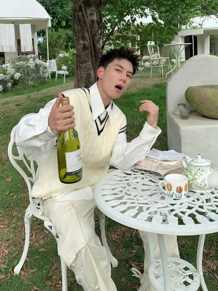 Knit Sweater Male Vest Sleeveless Aesthetic Mens Clothing Waistcoat V Neck Y2k Vintage Brown Korean 2024 Autumn Winter ClothesXJ250904