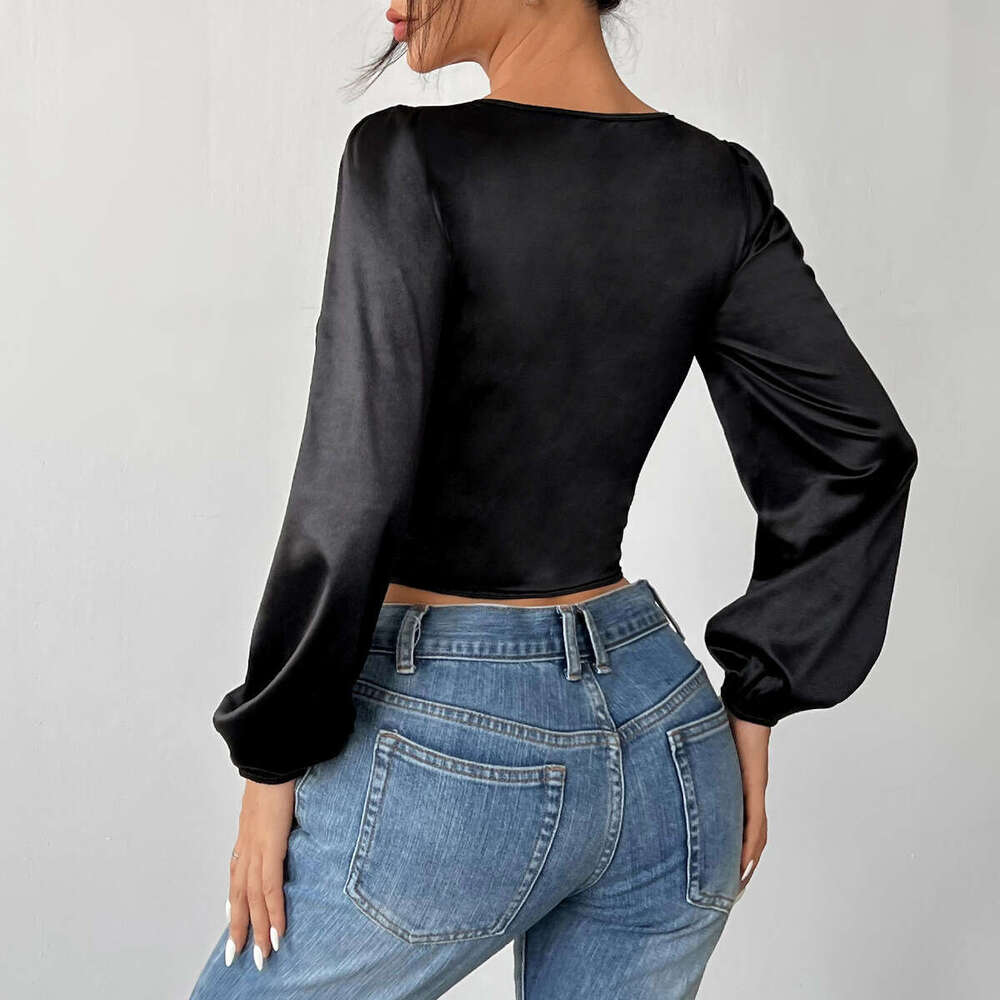 Women's Sheer Mesh Lace Patchwork Cotton Sexy Fishbone High-End Long Sleeve Top