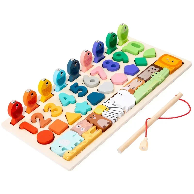Kids Montessori Math Toys for Toddlers Educational Wooden Puzzle Fishing Toys Count Number Shape Matching Sorter Games Board Toy 250903