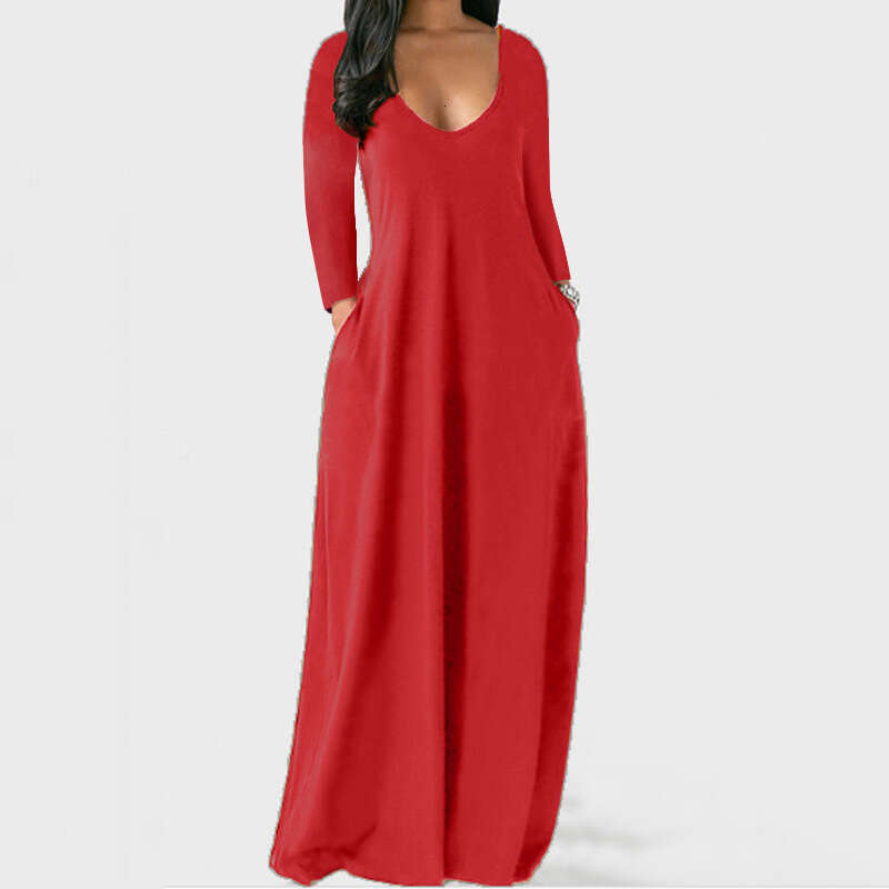 European and American Summer Cross-Border Trade New Plus Size Women's Solid Color Sexy Deep V Long Sleeve Dress