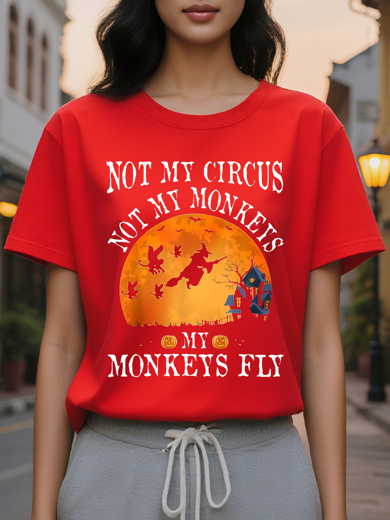 Ladies Halloween T Shirt Not My Circus Witch and Bat Casual Round Neck Top Washable Spring Fall Party Dress Up