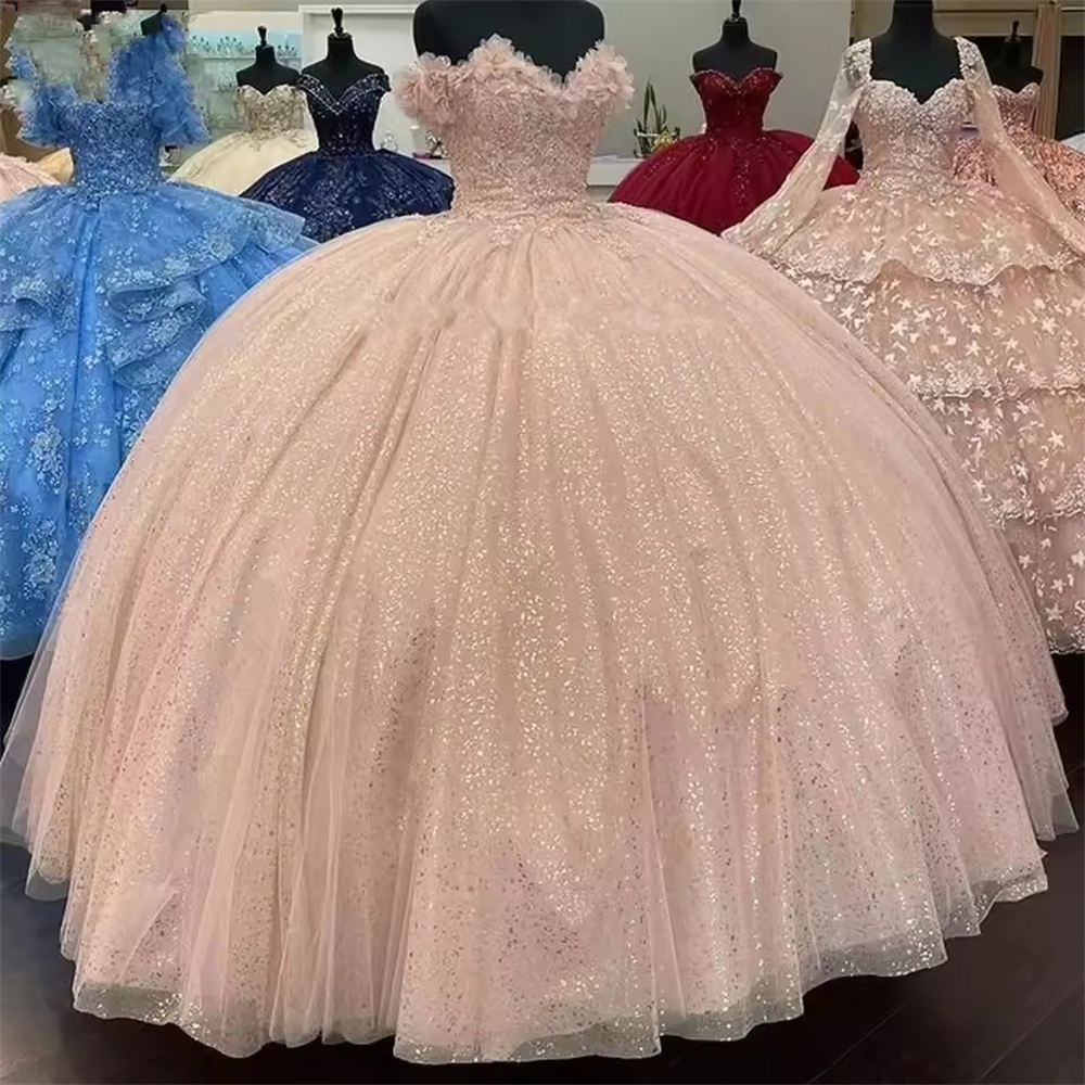 Ball Gown Quinceanera Dresses Glittering Off the Shoulder Glitter 3D Flower Plus Size Customized Sweet 15 16 Princess Birthday Party Gowns Vestidos De