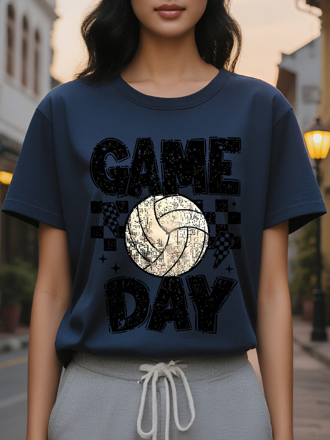 Match Day Women s T shirt Volleyball Plaid Printed Short Sleeve Spring and Leisure Loose Fit Washable Sportswear