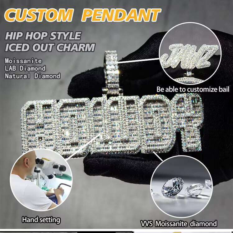 Hip-Hop Accessories Iced Out Letter Cuban Chain Sier Silicon Stone Initial Pendant Necklace