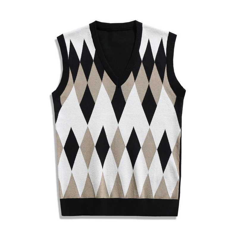 Korean Fashion VNeck Spliced Lattice Knitted Vest Sweaters Mens Clothing New 2025 Casual Plaid Pullover Sleeveless Coat MenXJ250904
