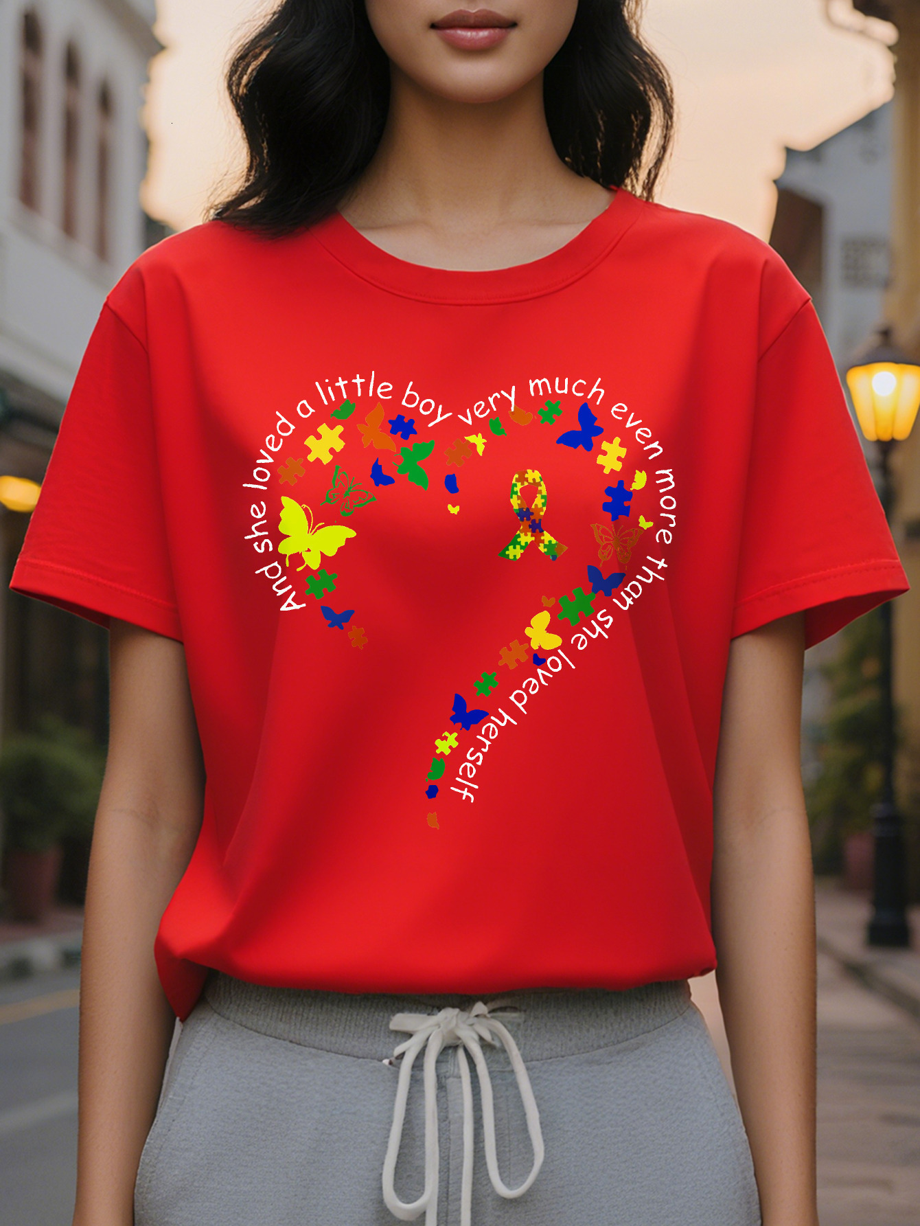 Large XL Short Sleeve Heart Print Casual T-Shirt Women's Crew Neck Top for Spring Summer Plus Size