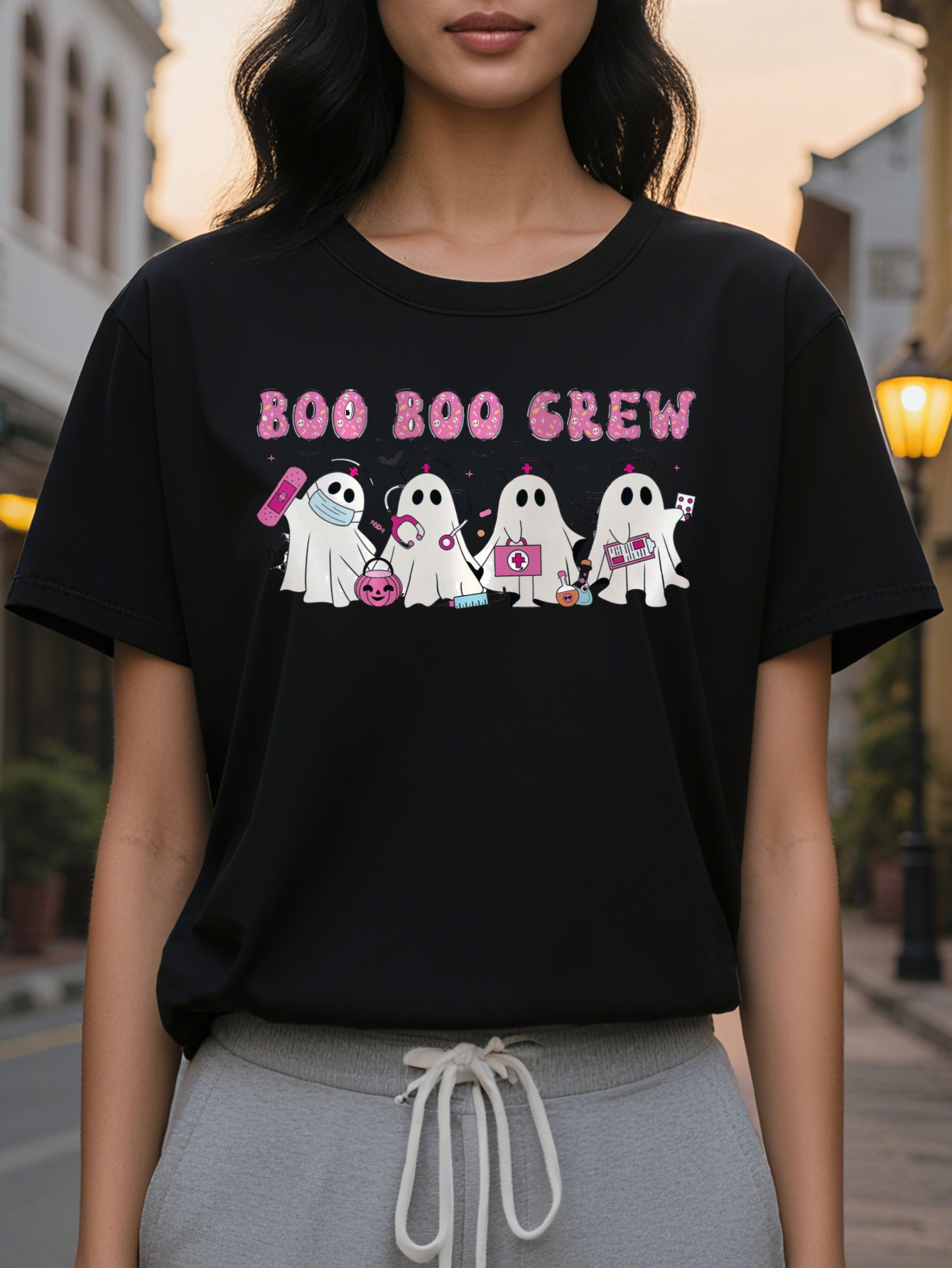 Women's nurse ghost theme T-shirt, white round neck casual top with bat and Boo Crew words, washable for summer