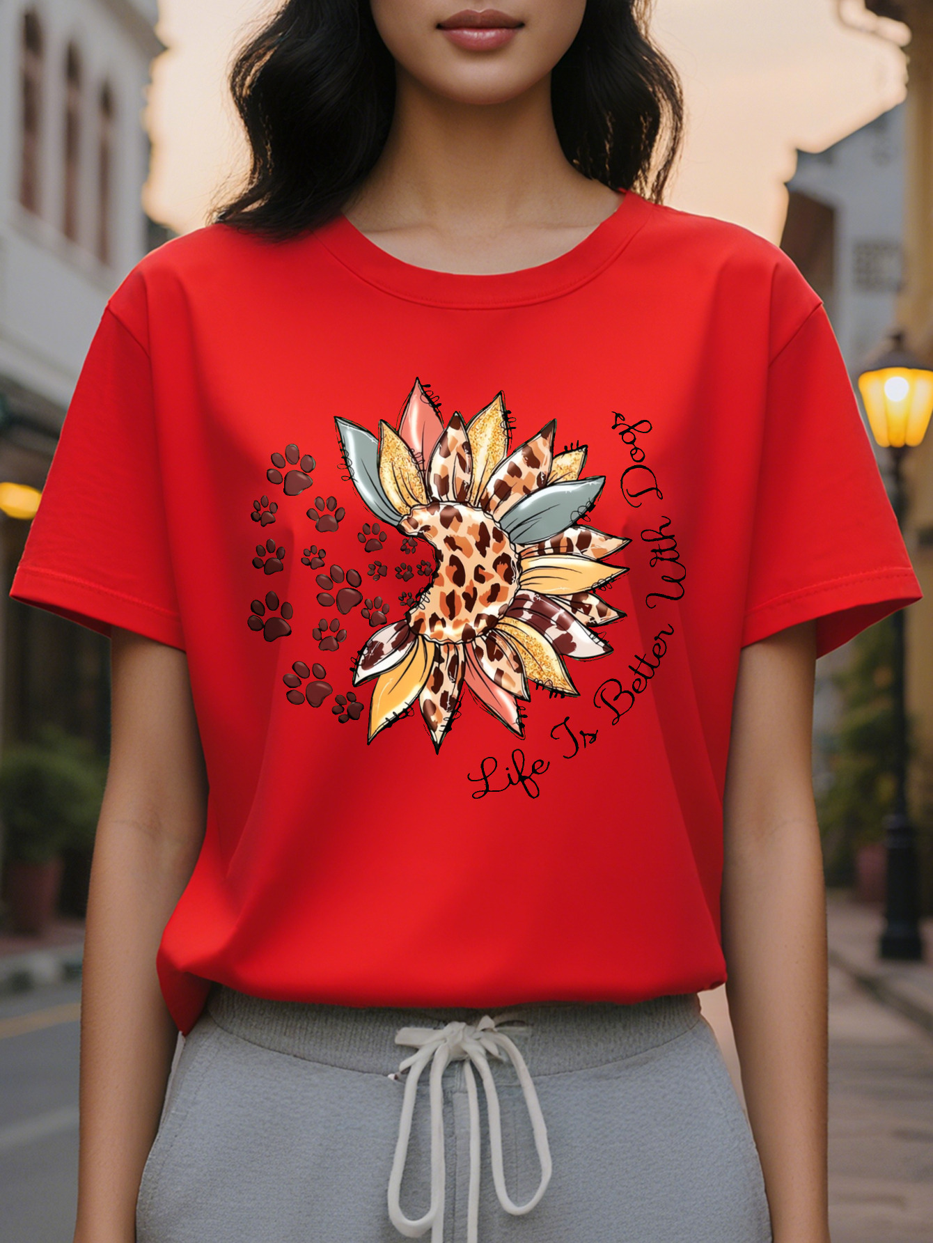 Women s Olive Green Suower Leopard Paw Print T Shirt Life is Better with Her Graphic Soft Stretch Round Neck Casual