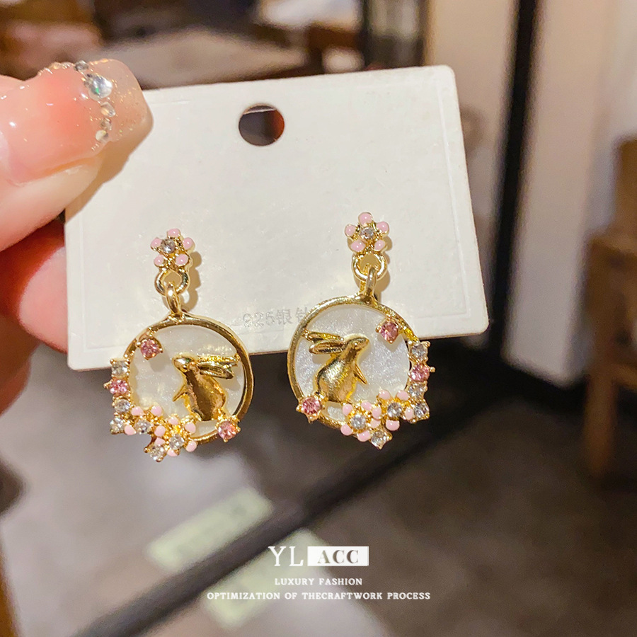 Gold Tone Fairy & Rabbit Drop Earrings With Pink Crystal Detail Cute Whimsical Style Daily Wear Gift For Her 925 Silver Needle Jewelry