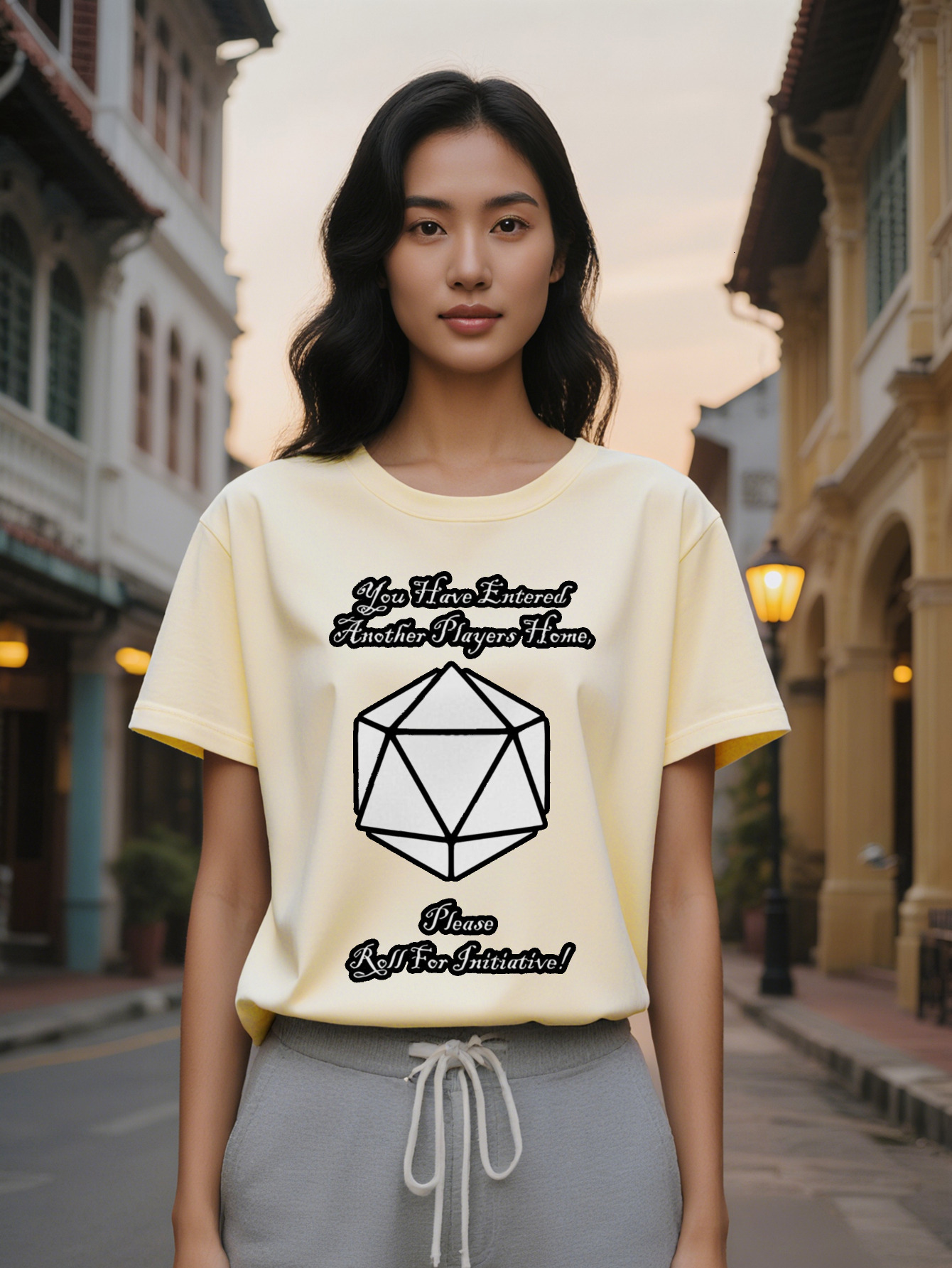 Lady Casual Versatile Round Neck T-Shirt Black Background with White Polyhedral Graphic Print You Have Entered Another