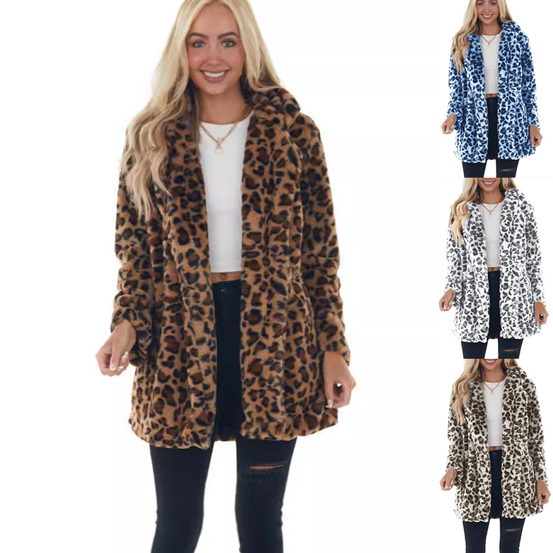 2025 European and American autumn and winter leopard print women's clothing fashion temperament imitation fur with pockets loose fur jacket