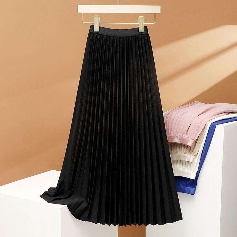 Women's Clothing Black Long Pleated Female Summer New High Waist Slim Accordion Fold A Line Skirt Simple Temperament Semi