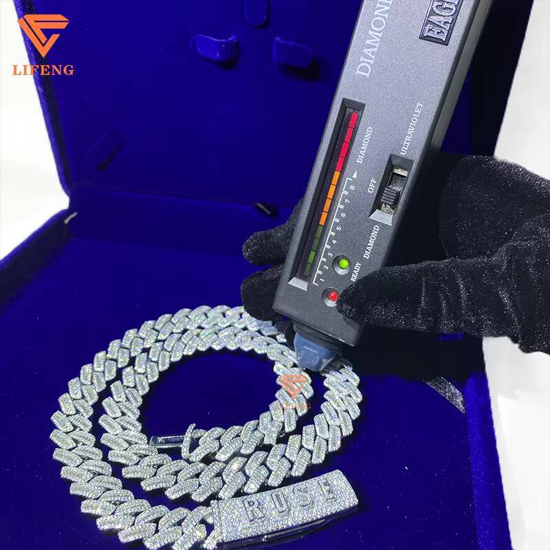 Custom Clasp Letter Fashion 925 Sterling Silver Cuban Link Chain 14mm Baguette Cut Moissanite White Gold Necklace