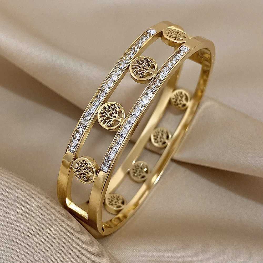 Tree Of Life Stainless Steel Bangle Bracelet for Women Double Layer Inlaid Zircon Gold Color Cuff Bracelets Jewelry Gifts Y250904