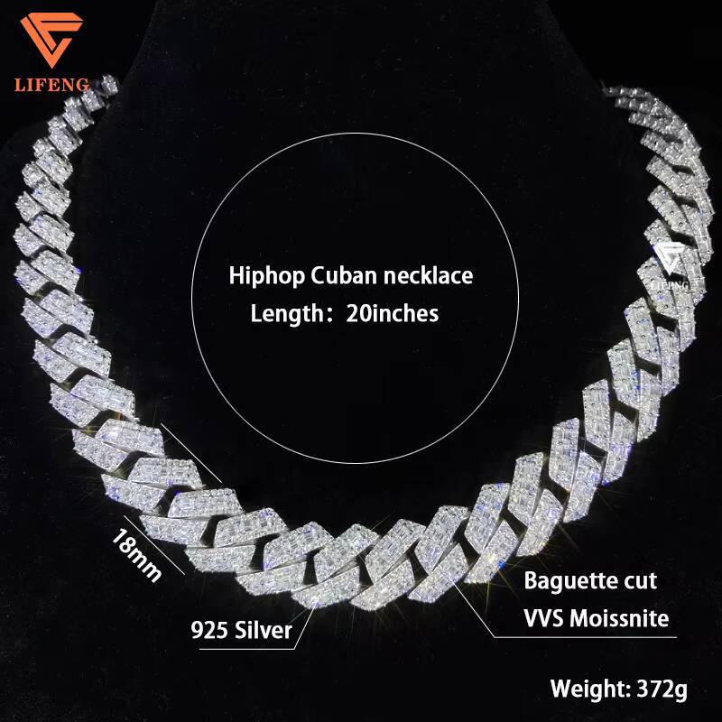 New 18mm Baguette Diamond Platinum Plated Cuban Chain 925 Sterling Silver Iced Out VVS Moissanite Necklace Hip Hop Custom Chain