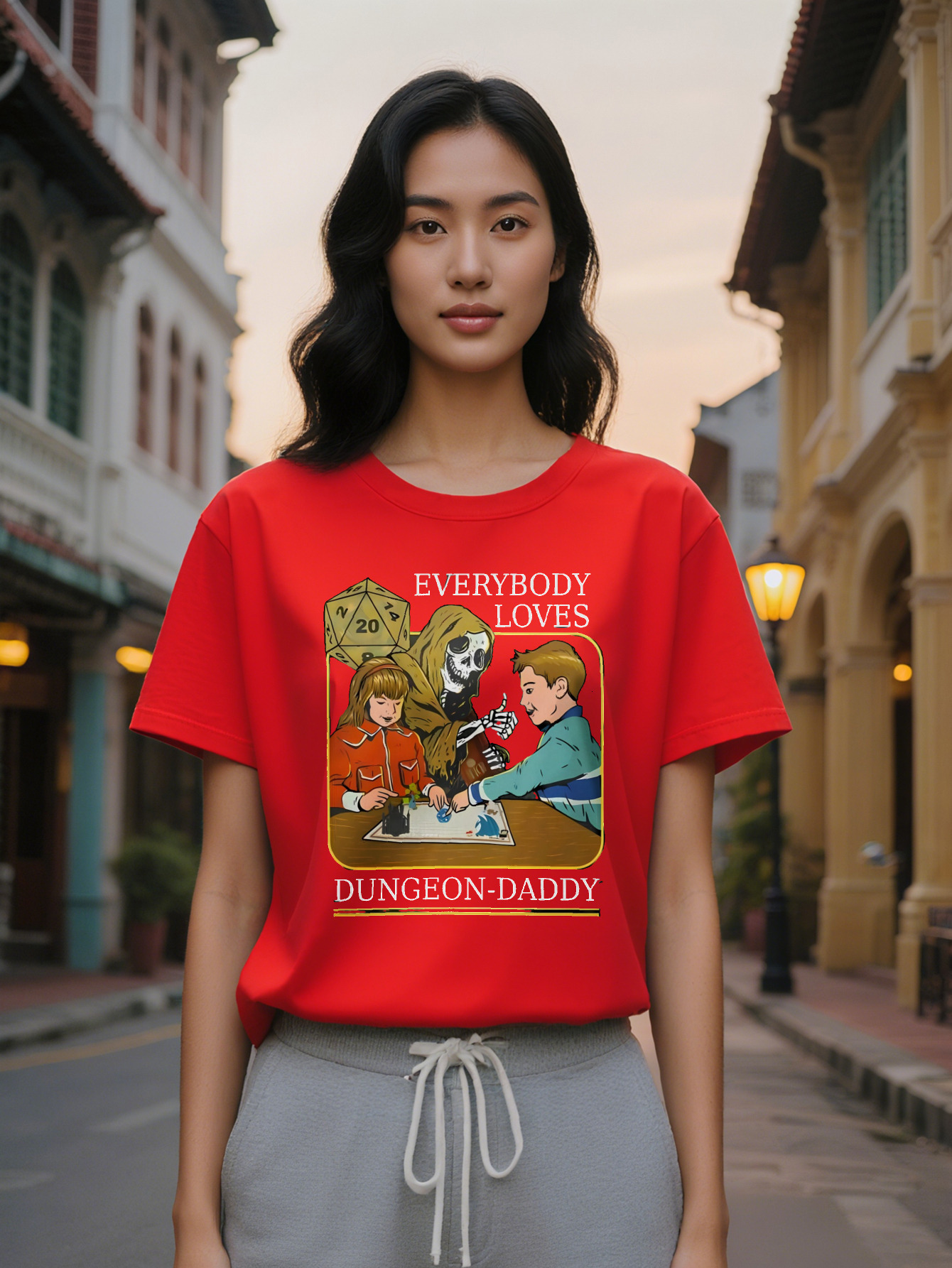 Lady Casual Graphic T Shirt Dungeons Dragons Theme With Everybody Loves Dad Print Black Round Neck Summer Tee