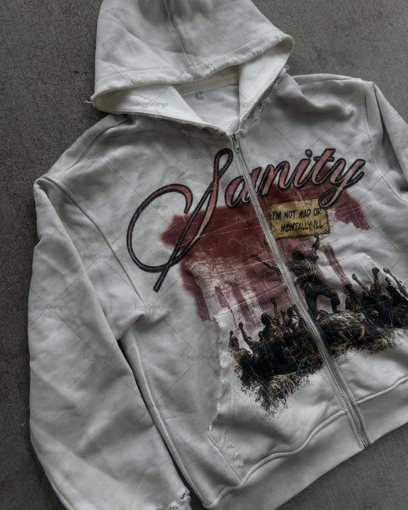 Fashion Harajuku High Street HipHop Oversized Zipper Hood Men Y2K Punk Retro Rock Letter Print Casual Sweatshirt Women 250904