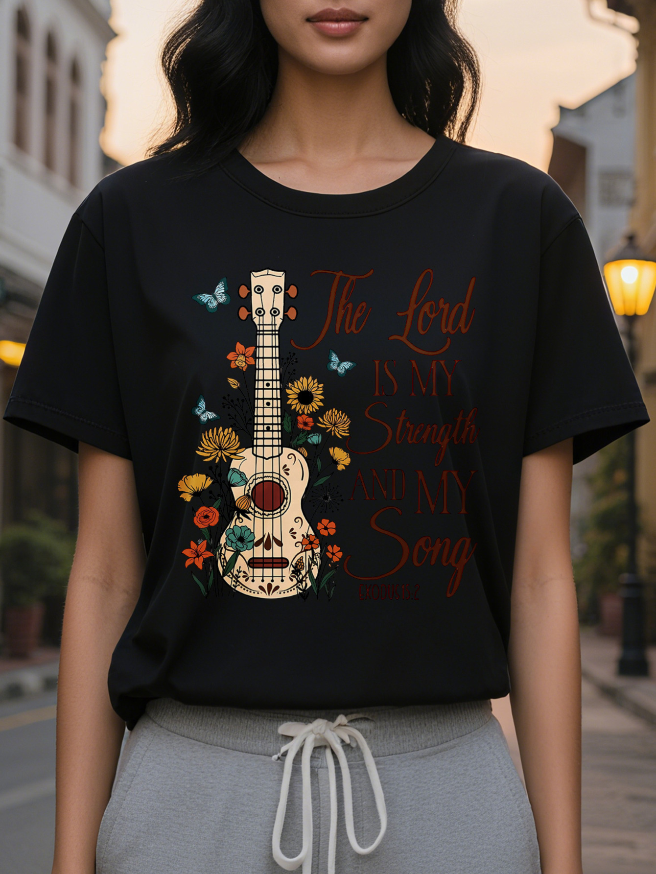 The Lord is Strength My Song Pattern T-Shirt White Short Sleeve Round Neck Top with Spring and Summer Design