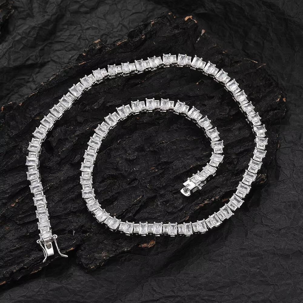 Hip Hop 1 Row Tennis Chain Large and Small Mixed Ladder Square Zirconium Necklaces for Men Jewelry