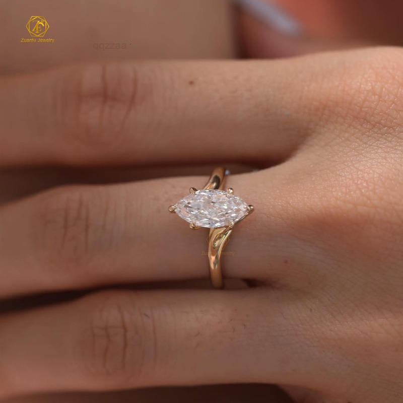 Customized Marquise Cut Lab Created Diamonds Solid 14K Yellow Gold Jewelry Rings IGI GIA DEF VVS Engagement Rings Women