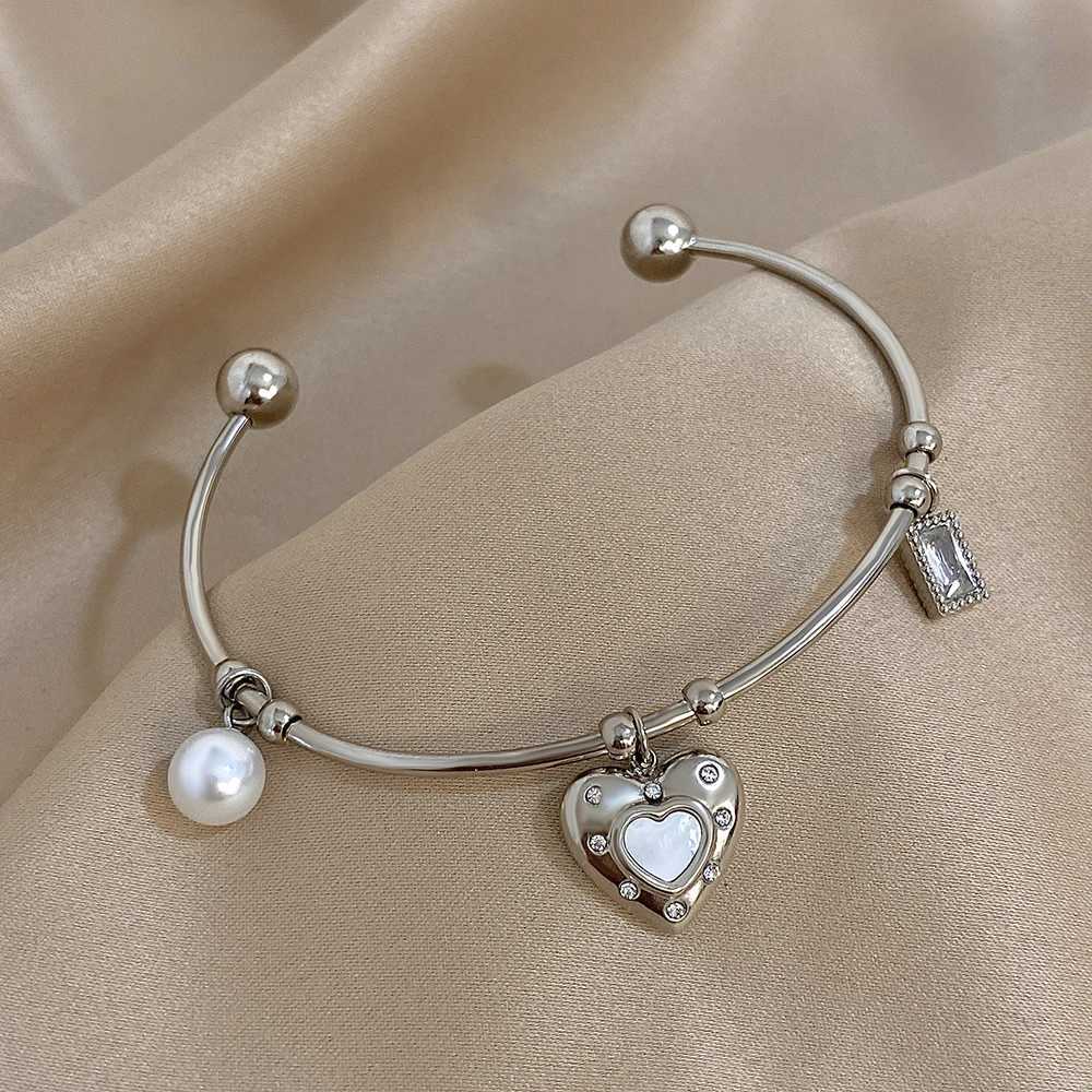 Fashion Pearl Zircon Charms Cuff Bangles for Women Unique Gold Silver Color Stainless Steel Open Bracelets Jewelry Gifts Y250904