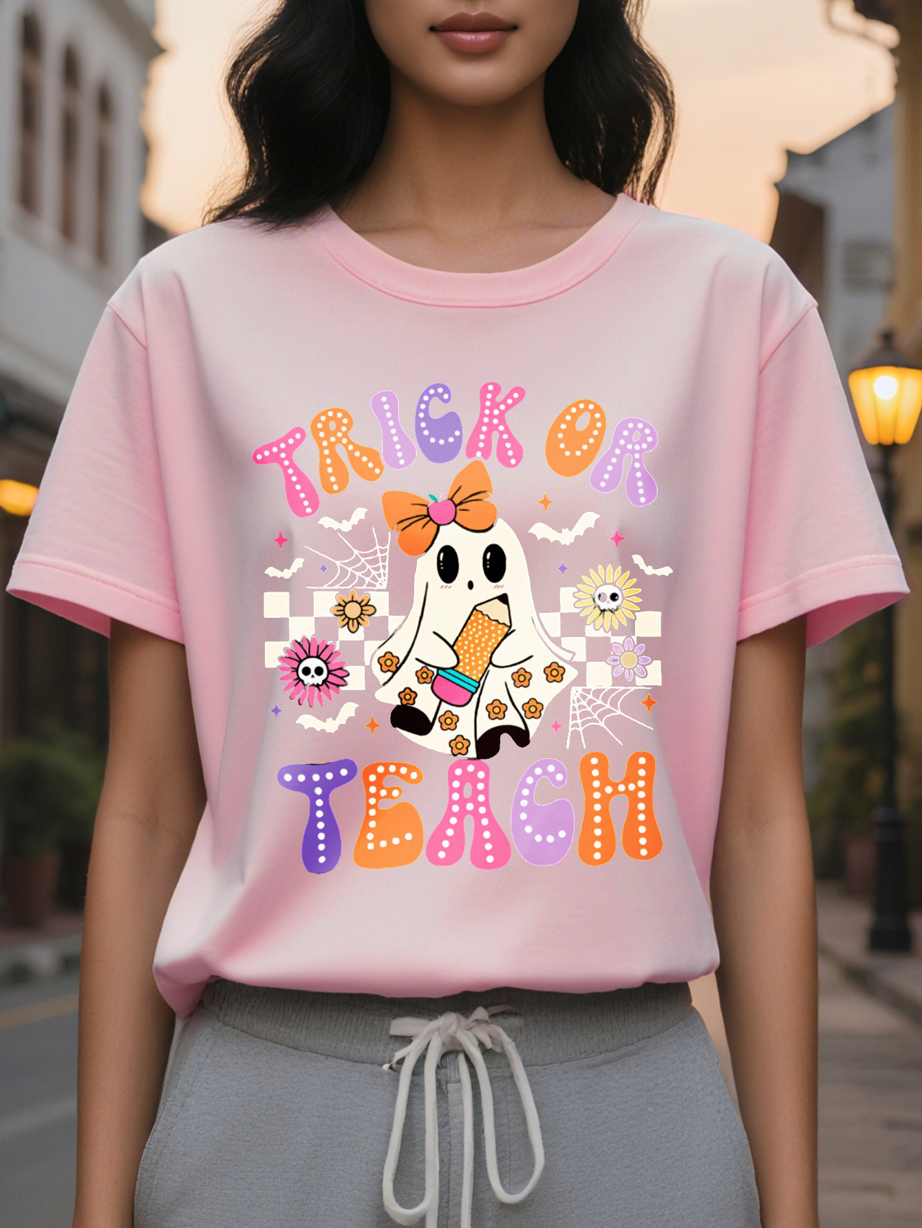 Women's Halloween Banter or Teach Print T-Shirt Cotton Casual Round Neck Short Sleeve Top for Spring Summer