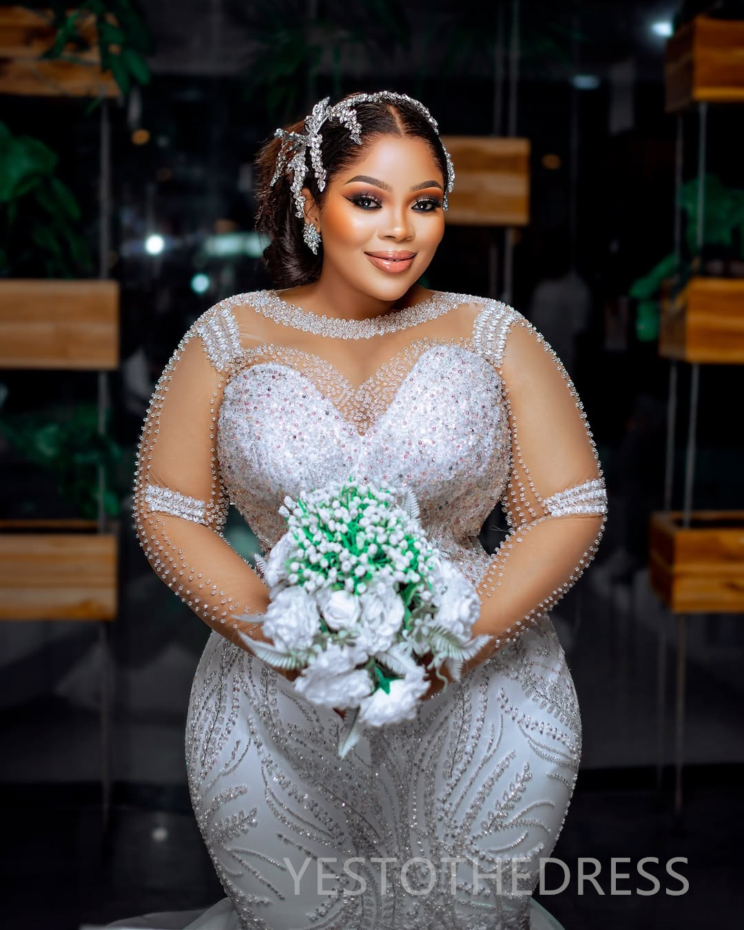 2025 Plus Size Off White Wedding Dress Bridal Gowns For Bride Mermaid Wedding Gowns Sheer Neckk Illusion Long Sleeves Pearls Beaded Lace Bridal Dress 