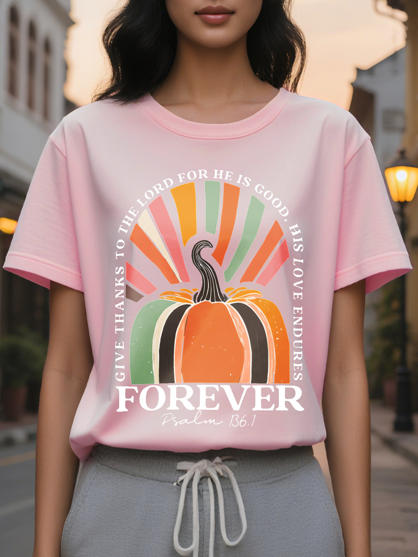 Large XL Women's Halloween Pumpkin Bible Verse to Back Print T-Shirt Inspirational Forever Lettering Soft Round Neck Plus Size