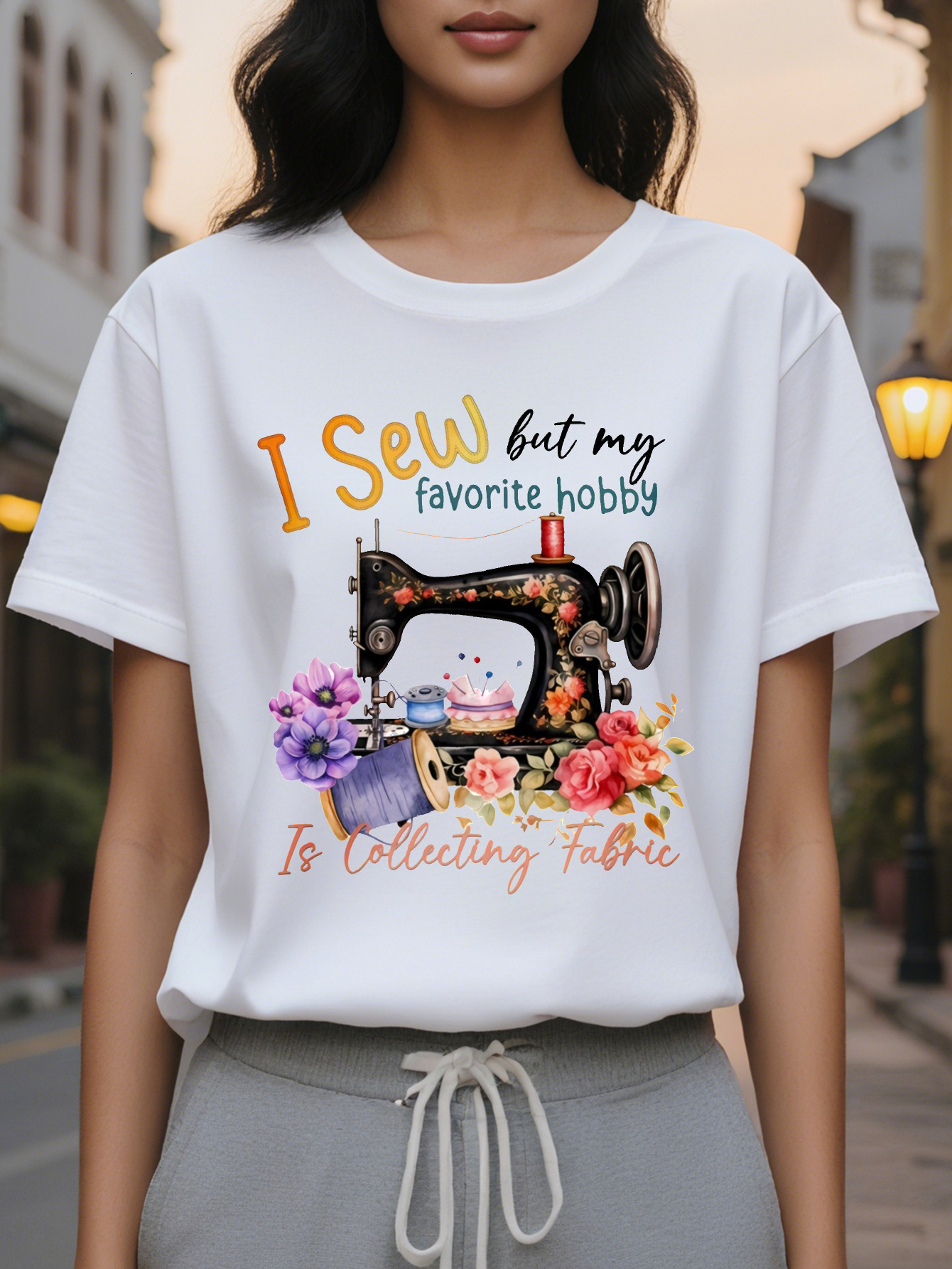 Women's Sewed But I Love Collecting Cloth Vintage Sewing and Floral T-Shirt Summer Spring Soft Stretch Round Neck