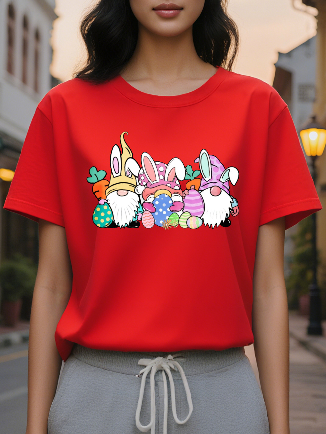 Large XL Women S Easter Bunny Eggs Graphic Tee Casual Crew Neck Cotton T-Shirt Soft Comfortable Knit Fabric Geometric Plus Size