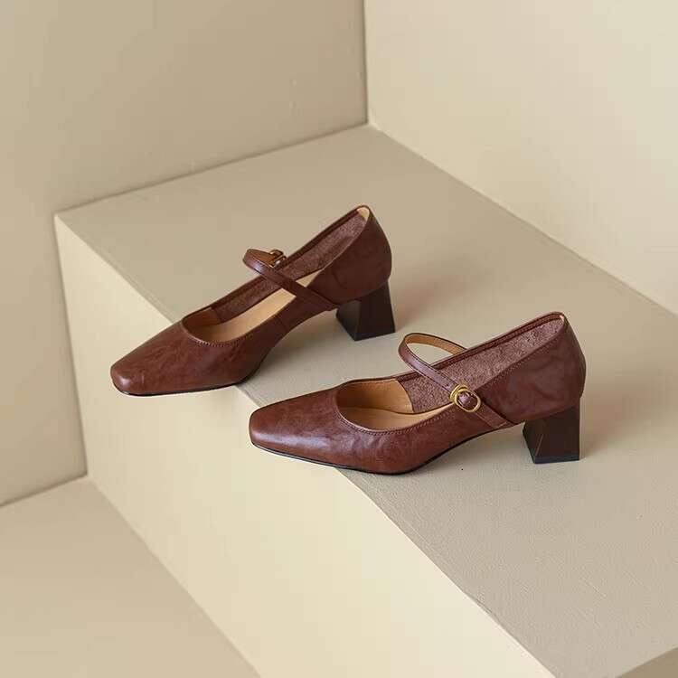 Soft Sheepskin Black High Heels French Style Chunky Designer Shoe Heel One Strap Mary Jane Women's Single Shoes