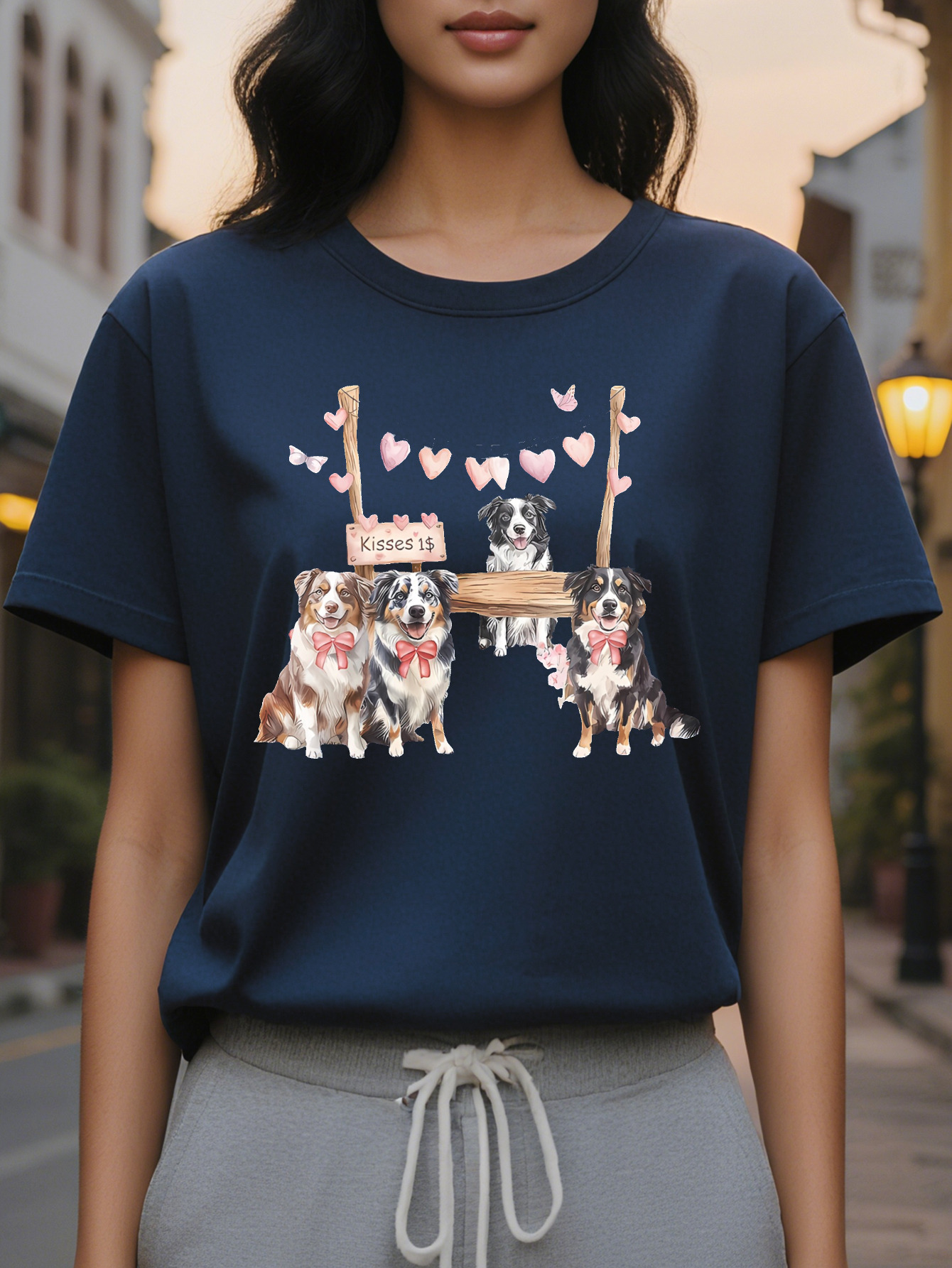 Large XL Cotton Casual Crew Neck Short Sleeve T-Shirt Australian Shepherd Dog Mom Gift Drawing Pattern Print for Women Plus Size
