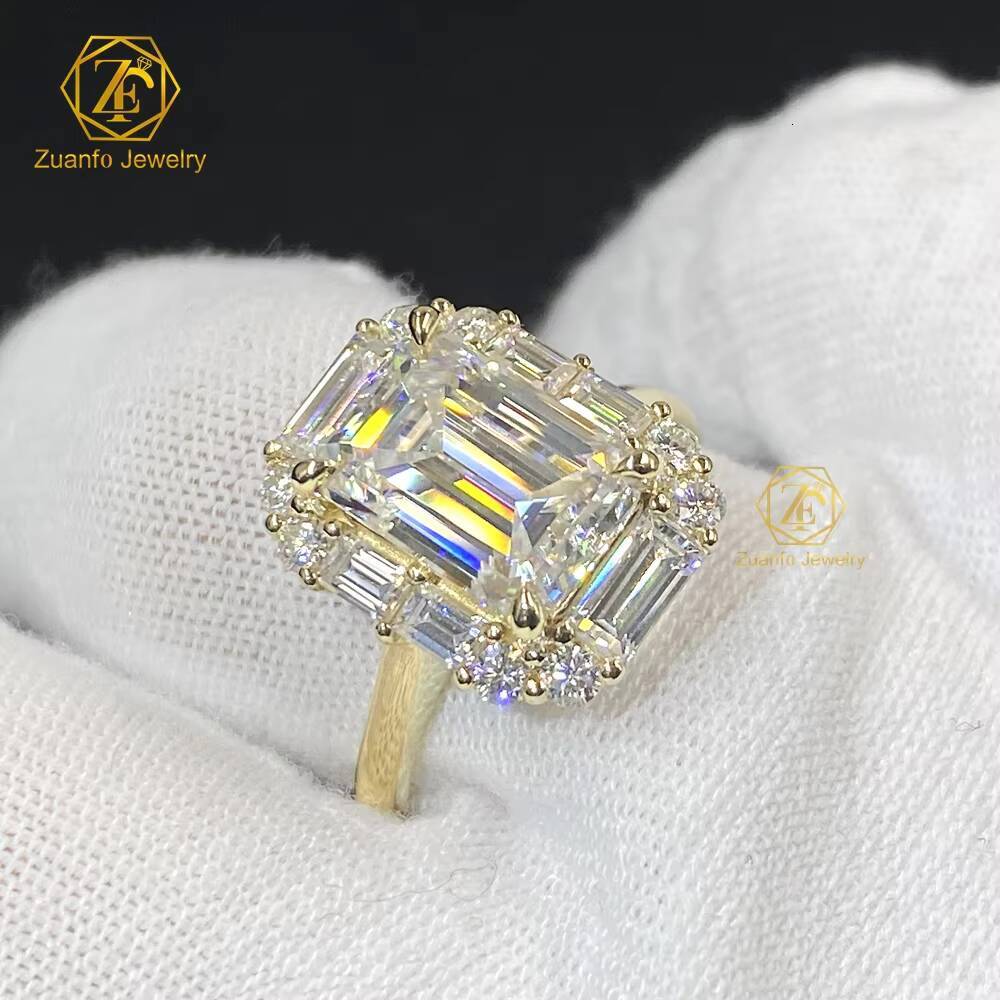 Factory High Quality Custom 7X10mm 14K Gold Engagement Wedding Jewelry 35 Moissanite Emerald Cut Moissanite Diamond Iced Style Rings