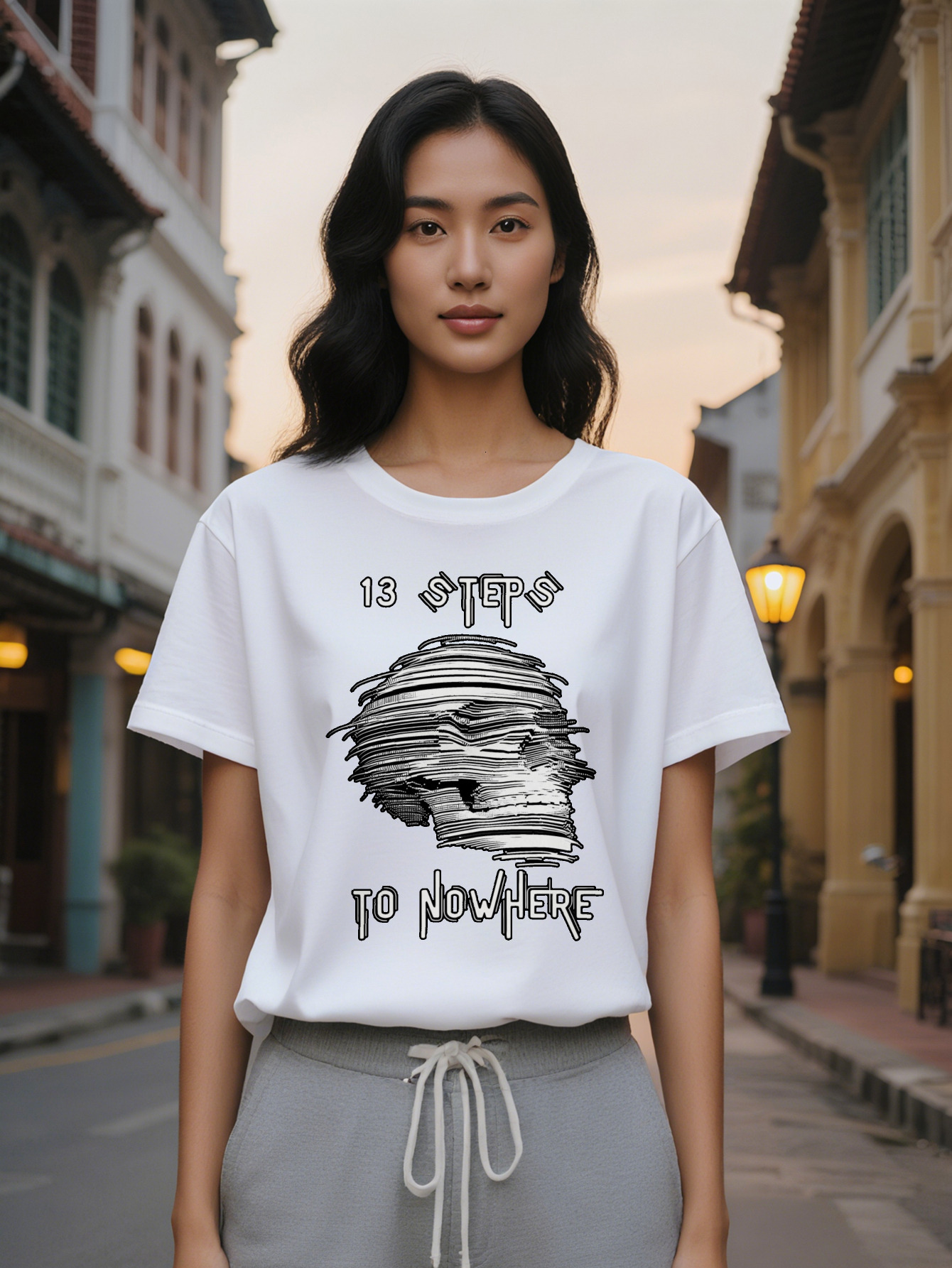 Casual Round Neck T-Shirt Black Background White Line Print Pattern Top Lady Gift