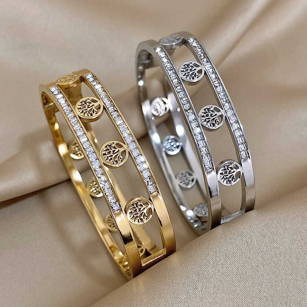 Tree Of Life Stainless Steel Bangle Bracelet for Women Double Layer Inlaid Zircon Gold Color Cuff Bracelets Jewelry Gifts Y250904