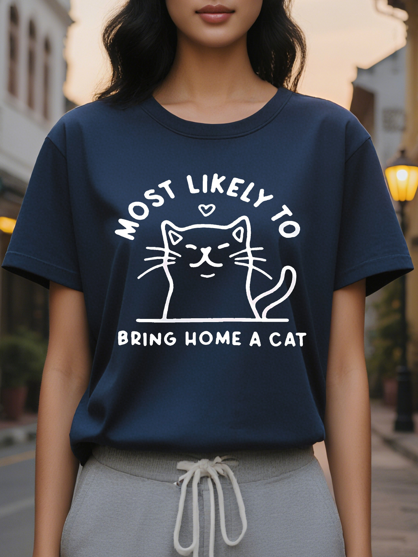 Lovely Cat Letter Print T-Shirt Casual Round Neck Short Sleeve Top Spring and Summer Women's Clothing